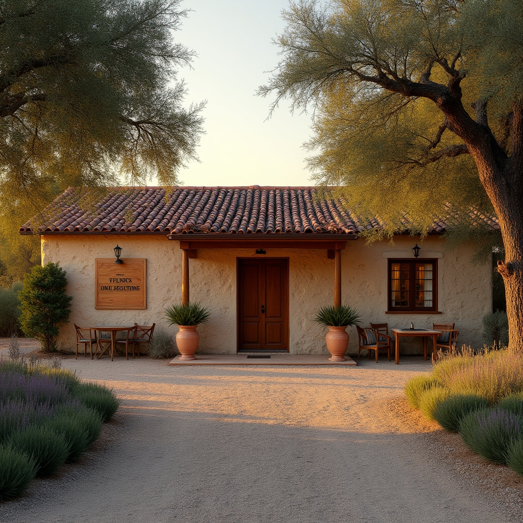 Finca de agroturismo con olivar y zona de recepción de visitantes al atardecer