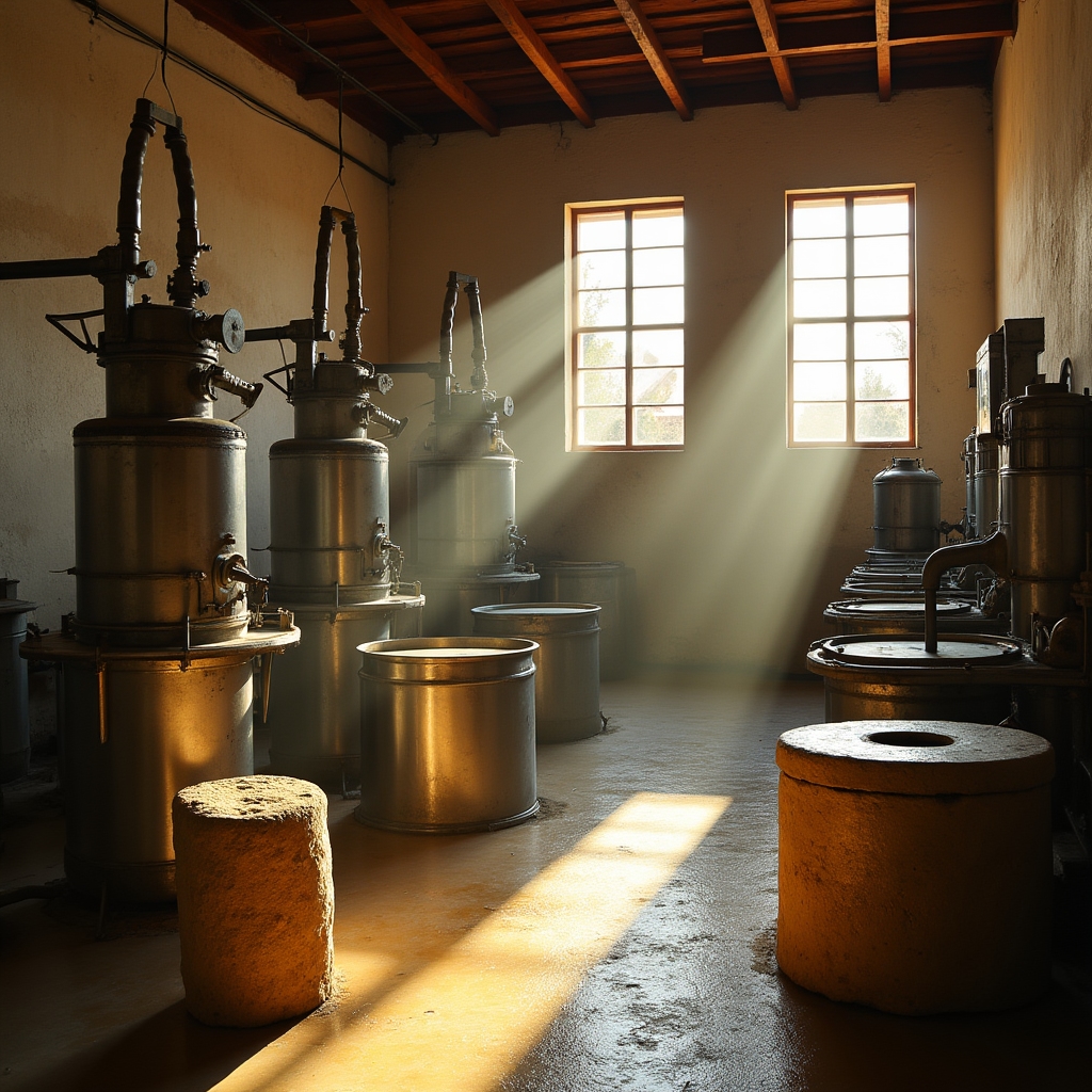 Interior de almazara tradicional con maquinaria de extracción de aceite