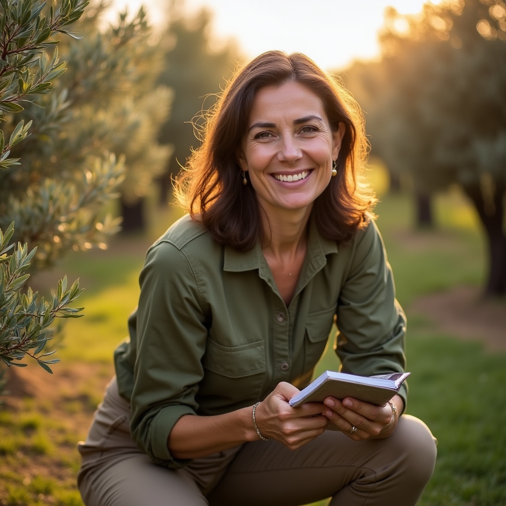 Formadora especialista en agronomía del olivar con ropa de campo