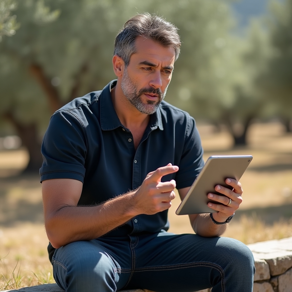 Especialista en marketing digital para agroalimentación trabajando con tablet en exterior