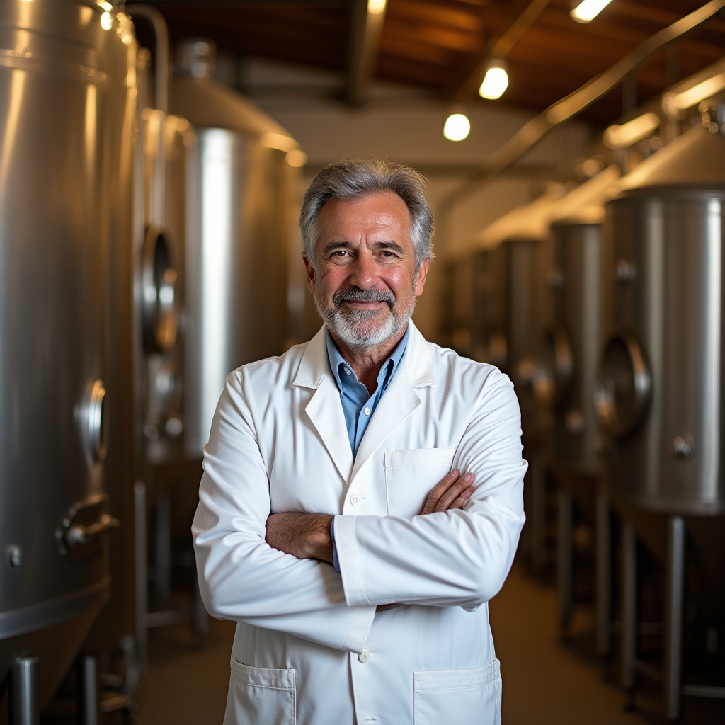 Formador maestro de almazara con bata blanca junto a depósitos de aceite inoxidables