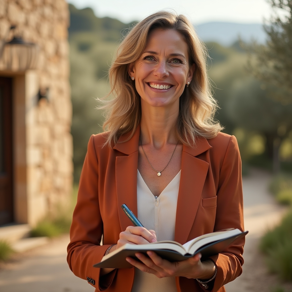 Consultora de turismo rural sonriente con cuaderno de notas en exterior de finca