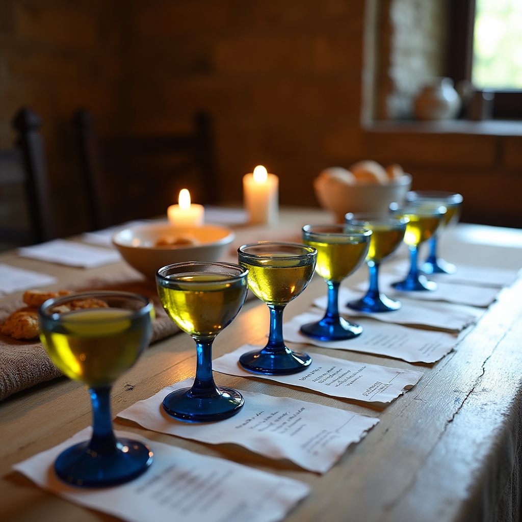 Mesa de cata con copas azules, muestras de aceite y fichas de puntuación
