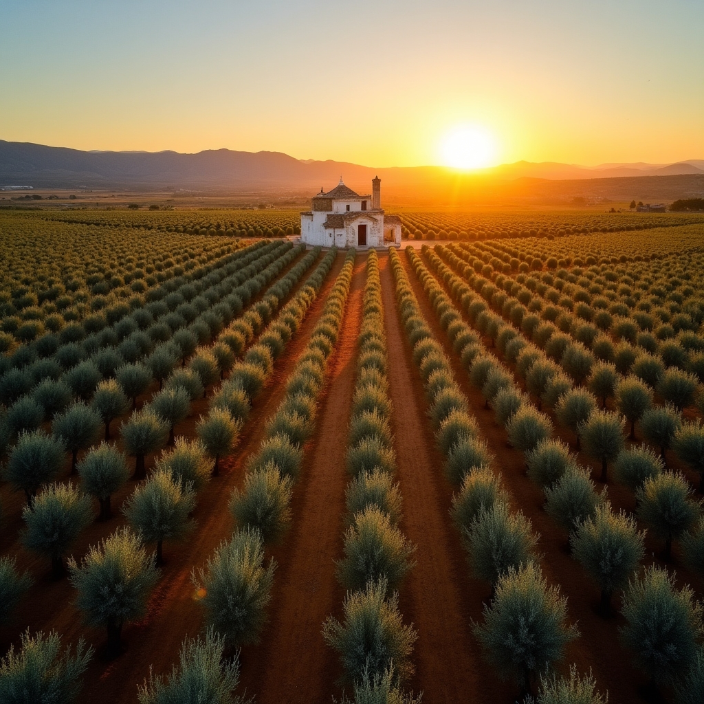 Vista aérea de olivar andaluz al amanecer con almazara al fondo