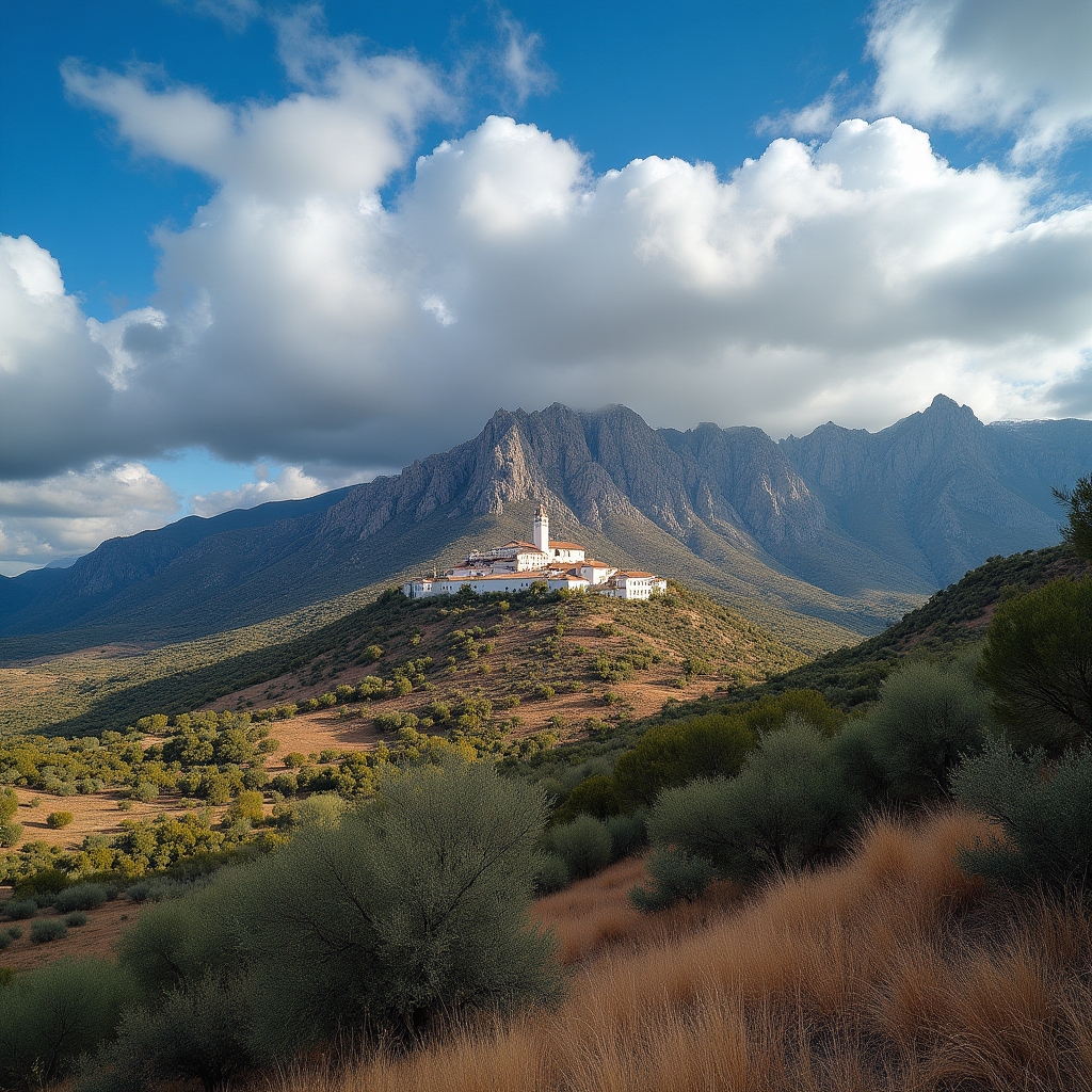 Panorámica de sierra cubierta de olivares en otoño con pueblo al fondo
