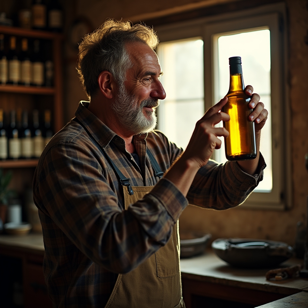 Pequeño productor de aceite revisando botella de AOVE artesanal en obrador familiar