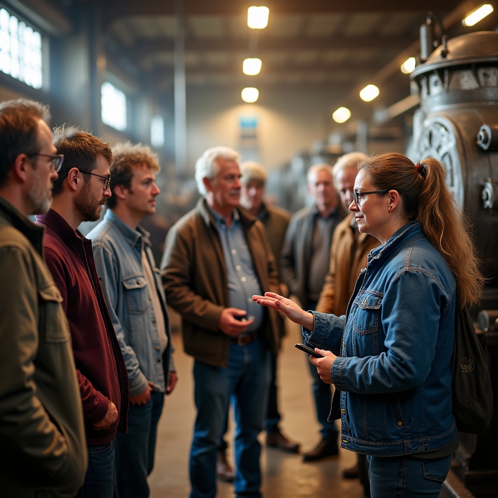 Grupo de visitantes escuchando explicación en la nave de una almazara moderna